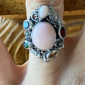 Natural Pink Opal Multi Gemstone Sterling Silver Cocktail Ring Size 7